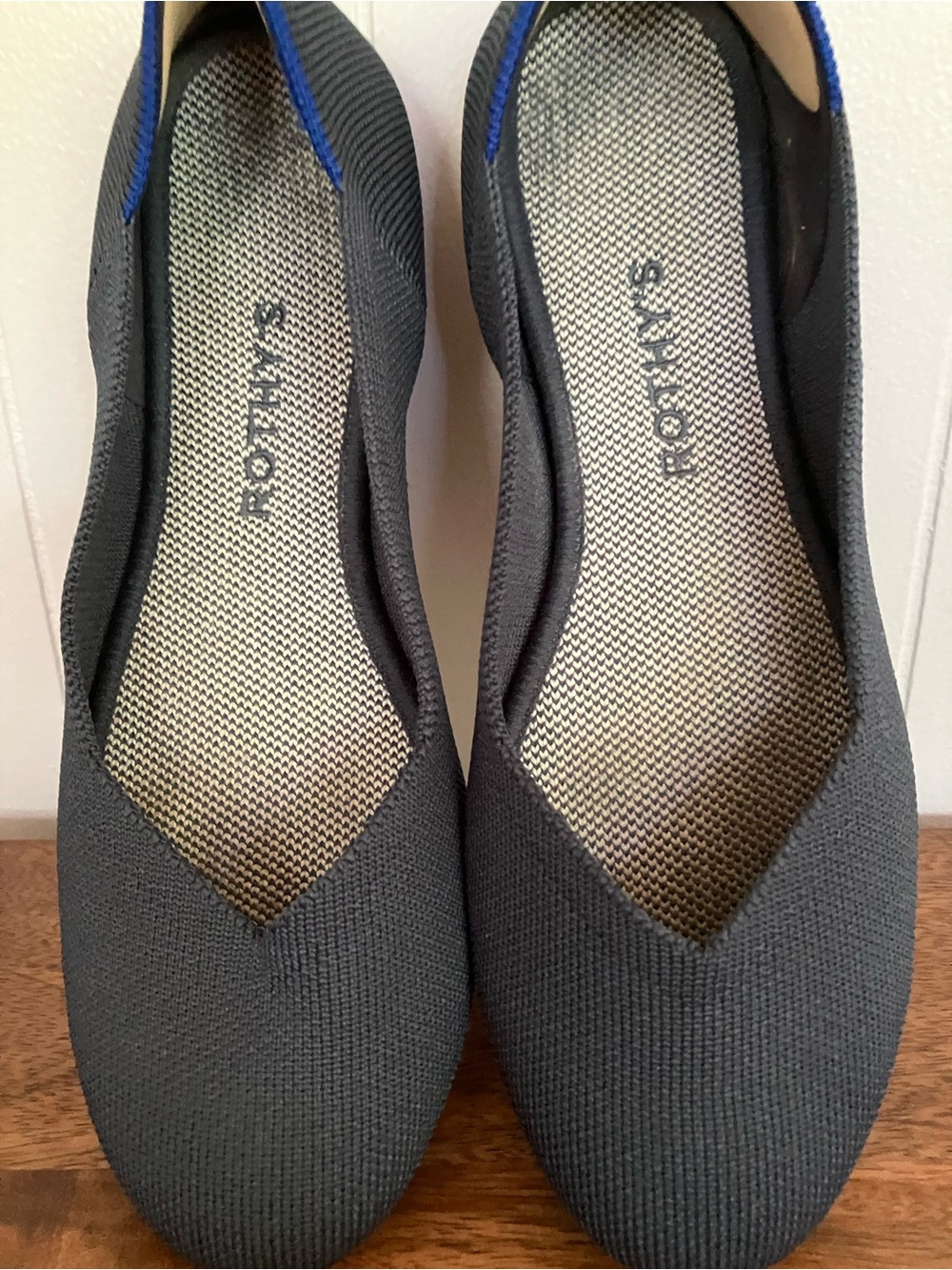 Rothy's Black Pointed Knit Flats with Blue Trim